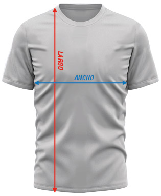 camiseta-tallas Imagen de una camiseta indicando cuál es el ancho y alto en ella