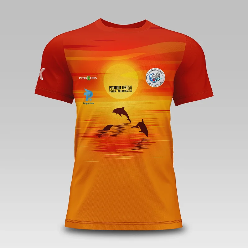 Vista frontal de la camiseta oficial del Petanque Fest 2026 color naranja